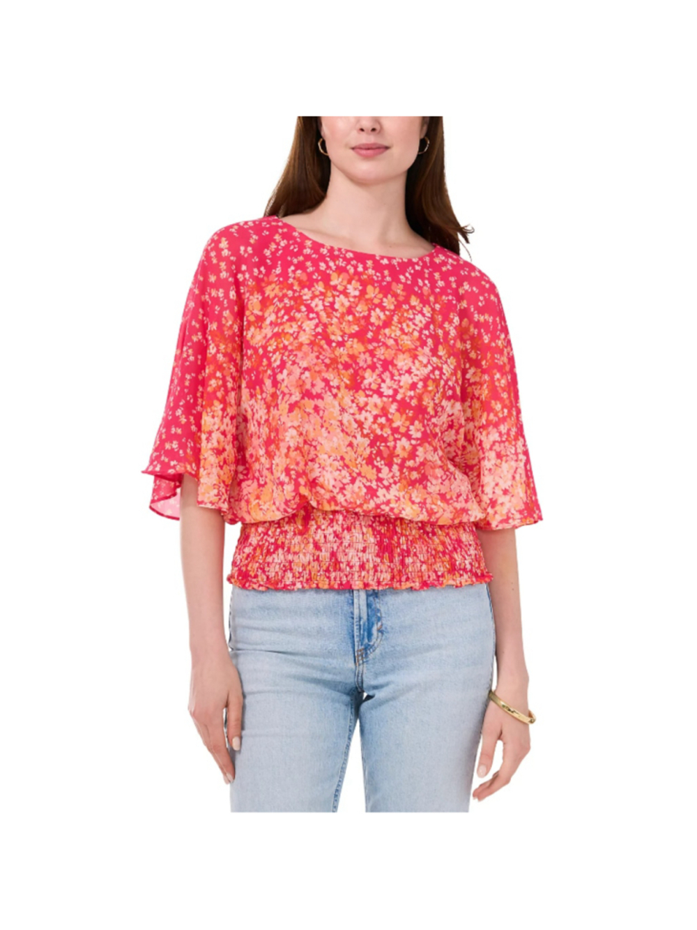 Sam & Jess Women's Petite Large Pink Floral-Print Sleeves Smocked Top NWT